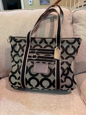Coach Poppy Black and Cream Signature Canvas Tote with Metallic Trim